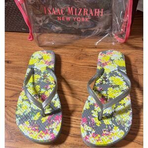 Isaac Mizrahi New York Plastic Gray Yellow floral Foot Bed In Clear Pouch Filp F